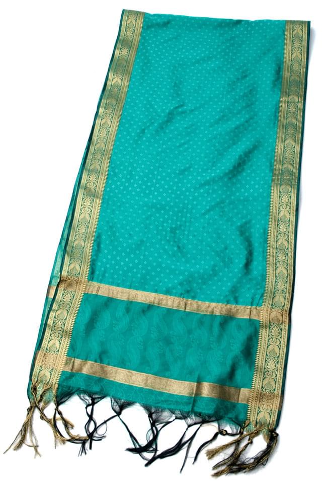 ボーダー入り 光沢スカーフ・デコレーション布 - 格子・エメラルドの写真