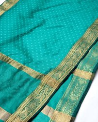 ボーダー入り 光沢スカーフ・デコレーション布 - 格子・エメラルドの商品写真