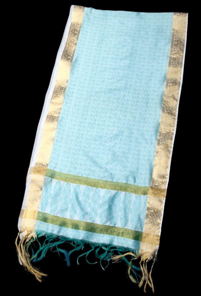 ボーダー入り 光沢スカーフ・デコレーション布 - 唐草・白×緑の写真