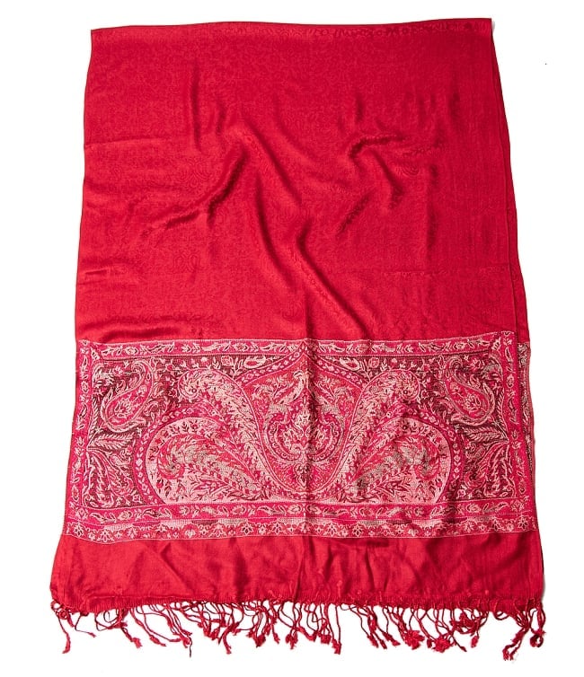 〔200cm×70cm〕インドの伝統柄 ペイズリーショール - レッド + ピンクの商品写真 2枚目 二つ折りにして広げてみた様子です。