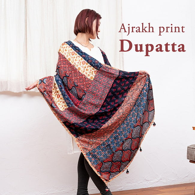 1点もの インドの伝統柄 アジュラックプリント ドゥパッタ ストール【約82cm×222cm】の写真1枚目です。アジュラック模様が美しいドゥパッタですスカーフ,ストール,アジュラック,ドゥパッタ,民族衣装,ショール,サルワールカミーズ,ターバン,