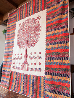 【展覧会出品用 最高級品・１点物】カンタ刺繍とバルメール村の美しいアップリケの特大マルチクロス 【約278cm x 225cm】-レッド - サブ3