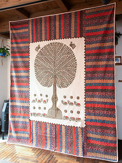 【展覧会出品用 最高級品・１点物】カンタ刺繍とバルメール村の美しいアップリケの特大マルチクロス 【約278cm x 225cm】-グリーン - サブ2