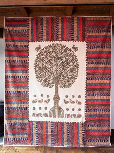 【展覧会出品用 最高級品・1点物】カンタ刺繍とバルメール村の美しいアップリケの特大マルチクロス 【約278cm x 225cm】-グリーン(ID-DUA-35)