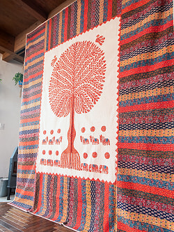 【展覧会出品用 最高級品・１点物】カンタ刺繍とバルメール村の美しいアップリケの特大マルチクロス 【約278cm x 225cm】-オレンジ - サブ3