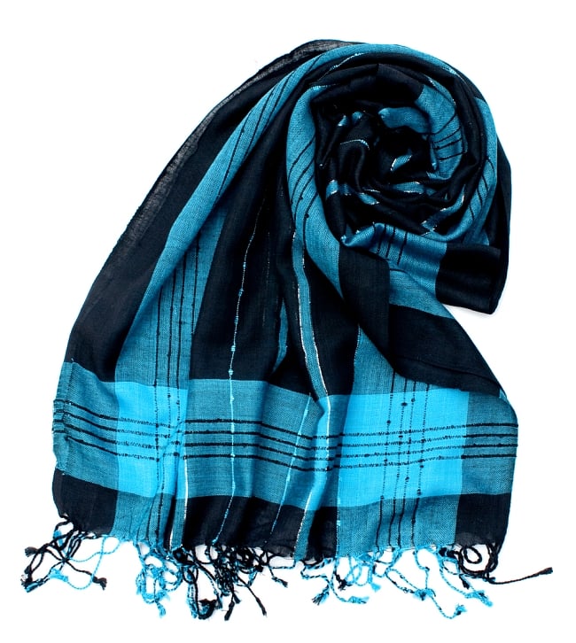 カラフルストライプスカーフ- - 黒×青系の写真1枚目です。インドの聖地、バラナシから。ストライプ柄の綺麗なスカーフです。ストール,マフラー,スカーフ,ストライプ,インテリアファブリック