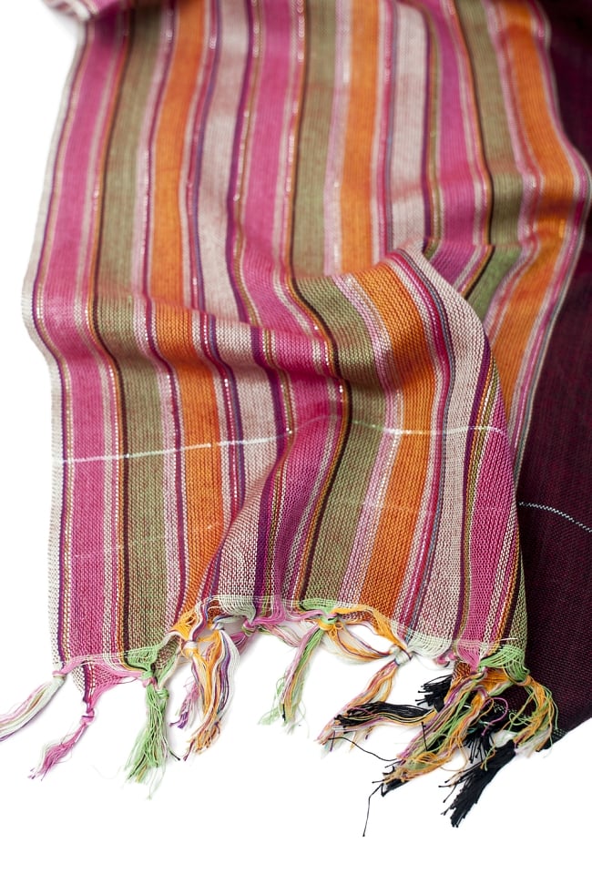ボーダーストライプストール〔180cm×96cm〕 4 - フリンジの部分です。色彩豊かなインドらしいカラーリングです。