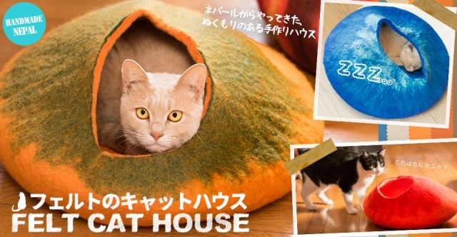 だいぶ個性的なネパールフェルトのキャットハウスの上部写真説明