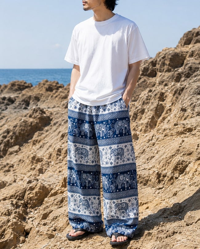 ぞう柄のレーヨンリラックスパンツ 5 - 身長175cmの着用例です。