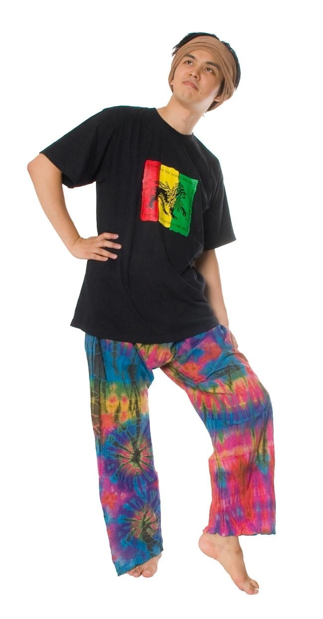 タイダイコットンタイパンツ 【ロング】 グリーン×パープル系 5 - 身長170cmのモデルさんがはいてみるとこのような感じです。