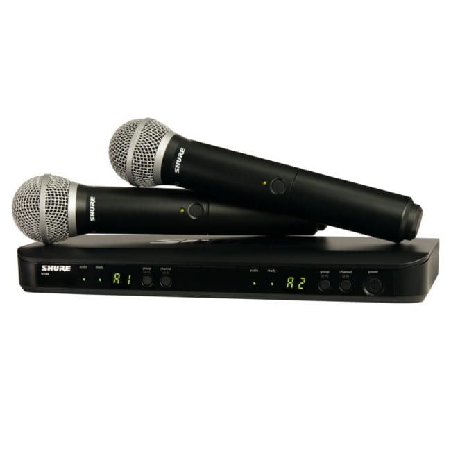 ワイヤレスマイク 完璧セット - Shure BLX288 / PG58 / CVL-B/C-TQG / WH20TQG / BLX1[レンタル]の写真1枚目です。デュアルチャンネルハンドヘルド型ワイヤレスシステム BLX288/PG58ですワイヤレス,マイク,Shure,イベント,レンタル,PA機材,PA機器