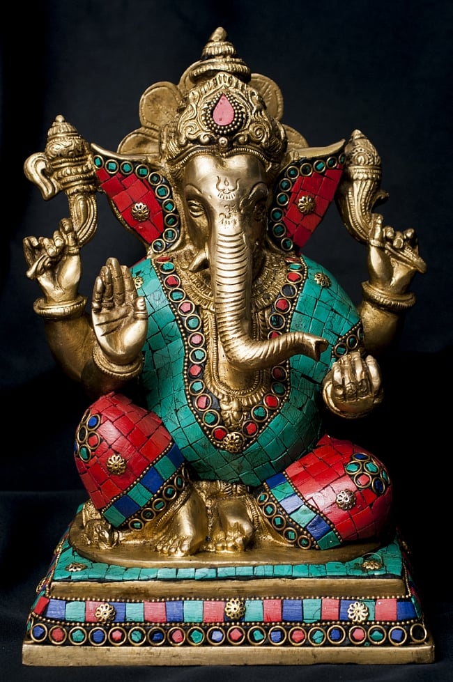 【一点もの】緑青石装飾のガネーシャ[高さ：26cm]の写真1枚目です。インドの神秘的な息遣いを感じるガネーシャ像です。ガネーシャ像,ガネーシャ,神様像,ブラス