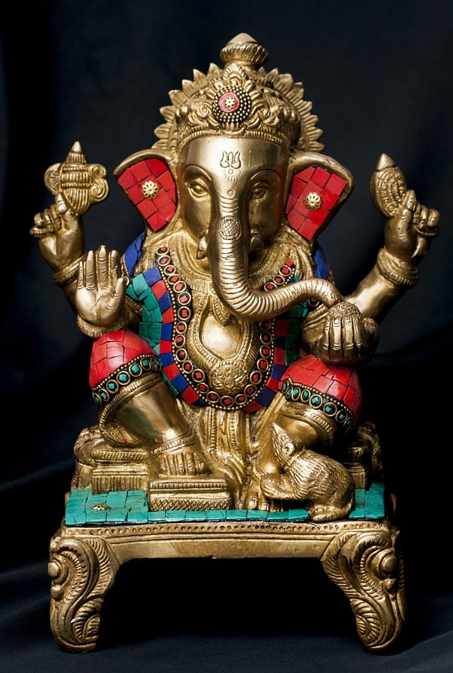 【一点もの】緑青石装飾のガネーシャ[高さ：27cm]の写真ガネーシャ像,ガネーシャ,神様像,ブラス