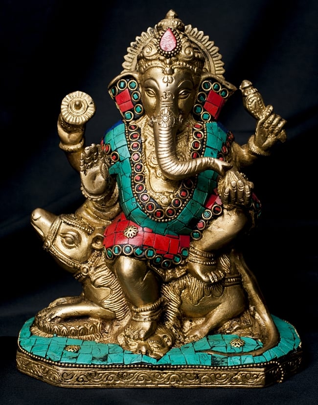 【一点もの】緑青石装飾のガネーシャ[高さ：19.5cm]の写真ガネーシャ像,ガネーシャ,神様像,ブラス