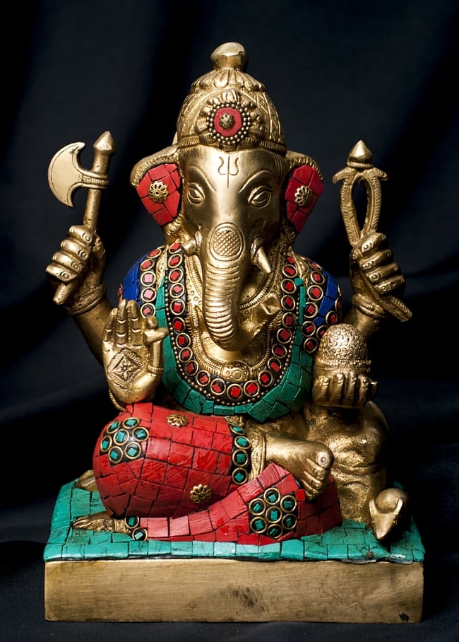 【一点もの】緑青石装飾のガネーシャ[高さ：21.5cm]の写真ガネーシャ像,ガネーシャ,神様像,ブラス