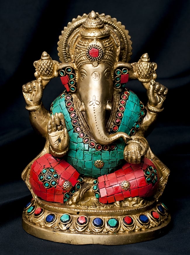 【一点もの】緑青石装飾のガネーシャ[高さ：20.5cm]の写真ガネーシャ像,ガネーシャ,神様像,ブラス