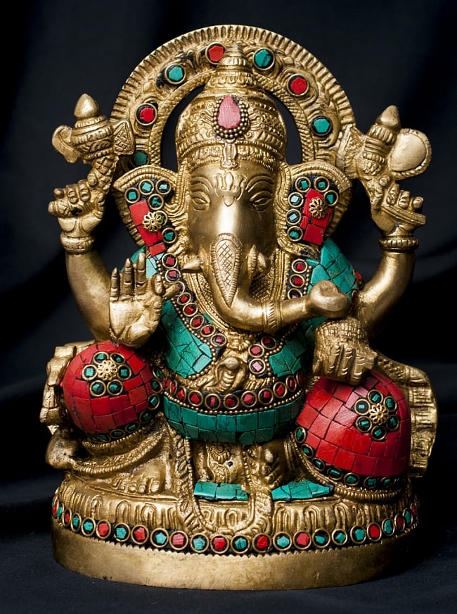 【一点もの】緑青石装飾のガネーシャ[高さ：22cm]の写真ガネーシャ像,ガネーシャ,神様像,ブラス