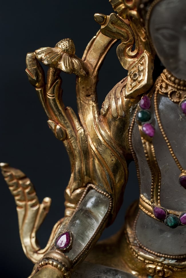 水晶多羅菩薩（クリスタル・ターラー） 銅造鍍金水晶彫琢仕上げ - 24cm 13 - スマートで滑らかな曲線が美しい腕