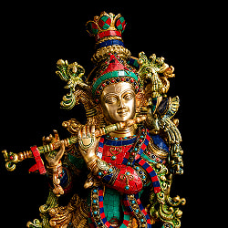 【特大】緑青石装飾 ブラス製クリシュナ 高さ75cm - サブ2