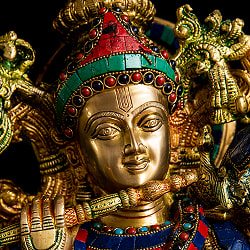 【特大】緑青石装飾 ブラス製クリシュナ 高さ75cm - サブ3