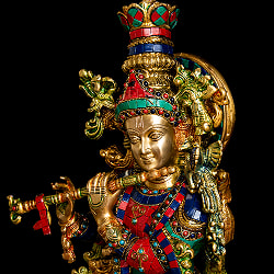 【特大】緑青石装飾 ブラス製クリシュナ 高さ75cm - サブ4