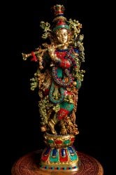 【特大】緑青石装飾 ブラス製クリシュナ 高さ75cm