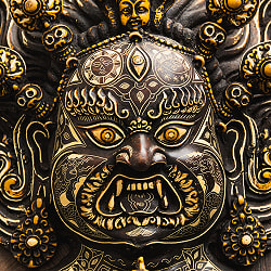 〔壁掛けタイプ〕手彫り模様のインドの神様ウォールハンギング - バイラヴァ 大威徳明王 [約34cm×25cm ×9cm] - サブ4