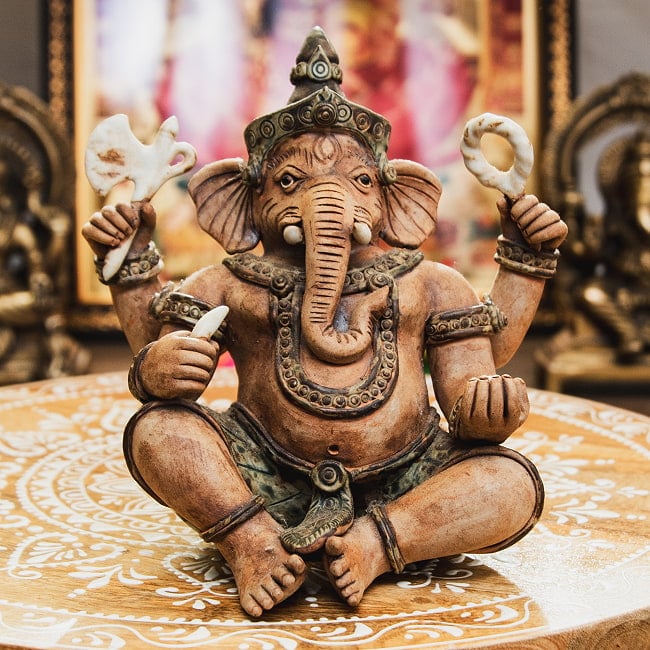 【1点物】ガネーシャ 素焼きに彩色 15.5cmの写真ガネーシャ像,ガネーシャ,神様像,素焼き