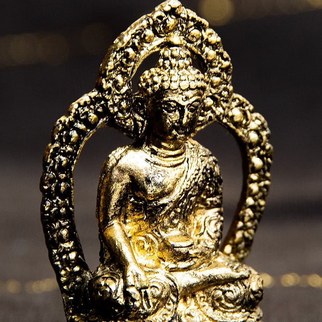 薬師如来　二重円光付き　バイシャジヤグル　仏像　坐像　Bhaishajyaguru　ミニ神像 6 - 幸福を授ける与願印と、薬の入った壺を持っています