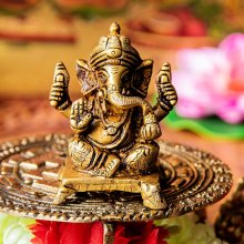 ガネーシャ シンプル台座 小さめ 坐像 Ganesha ブラス製 高さ:約6cm(TI-RSDL-1890)