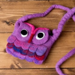 手作りフェルト　ネパールのゆるいアニマルポシェット(ミニ) - ふくろう - サブ2