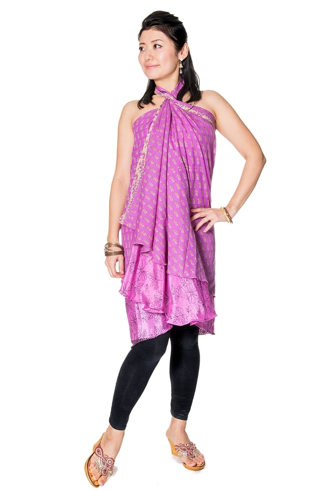 【1点もの】20通りの着方ができる魔法のスカート 紫系 Cの写真1枚目です。前面からの様子です。魔法のスカート,magic skirt,サリー スカート,オールドサリー,マキシスカート,旅行,リゾート