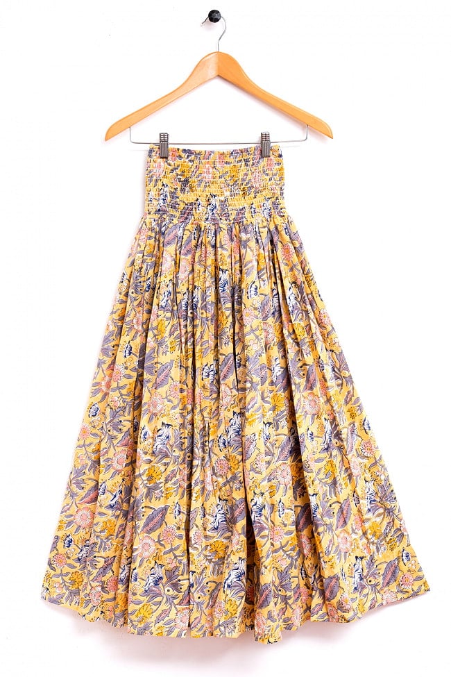 ボタニカル柄の木版染が美しい ボリュームギャザースカート 10 - 3：イエロー・グレー
