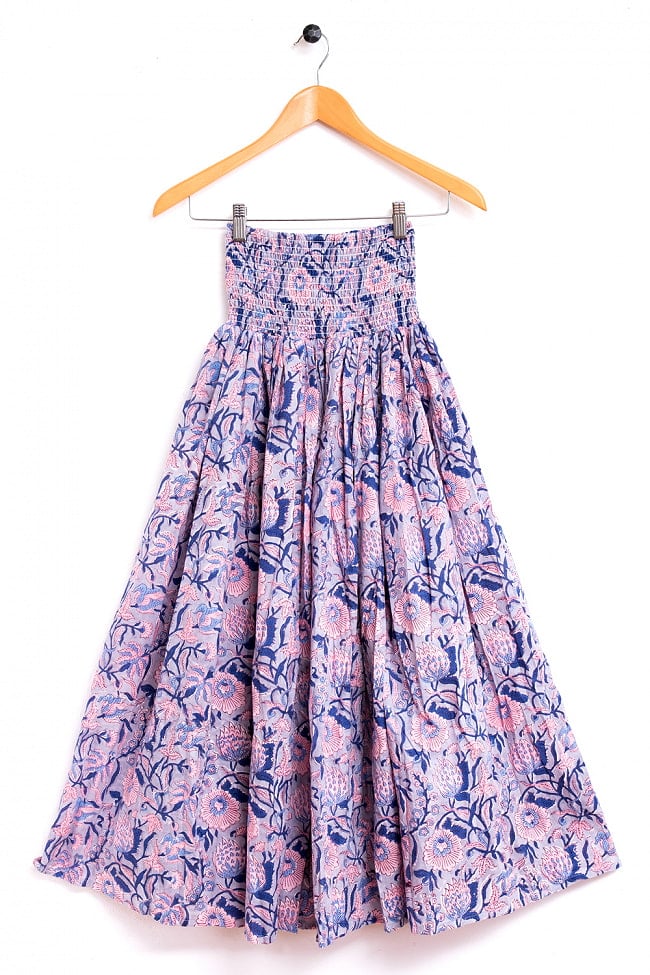 ボタニカル柄の木版染が美しい ボリュームギャザースカート 12 - 4：ブルー