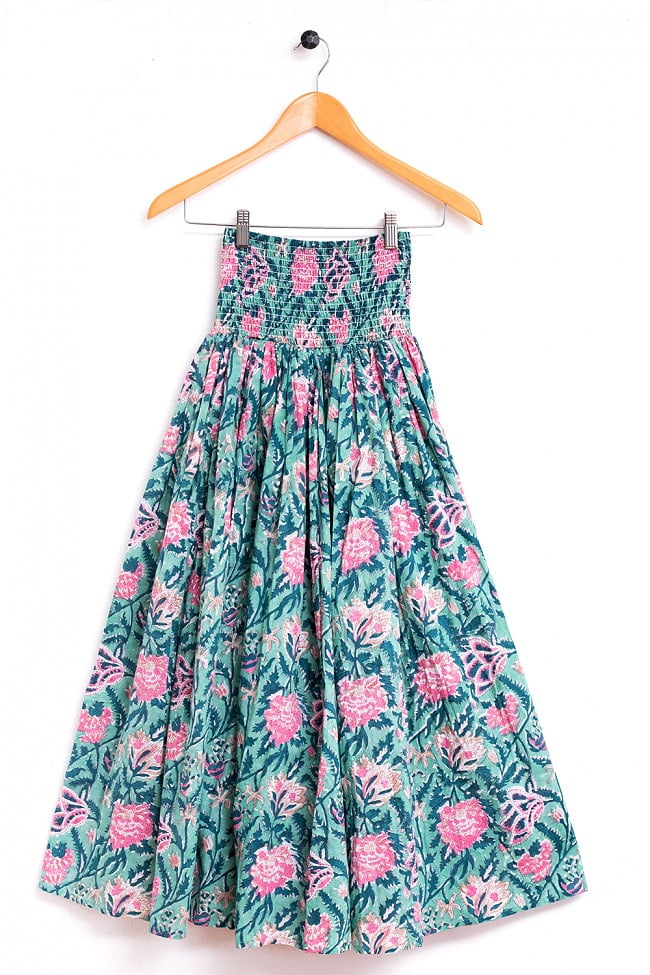 ボタニカル柄の木版染が美しい ボリュームギャザースカート 16 - 6：グリーン