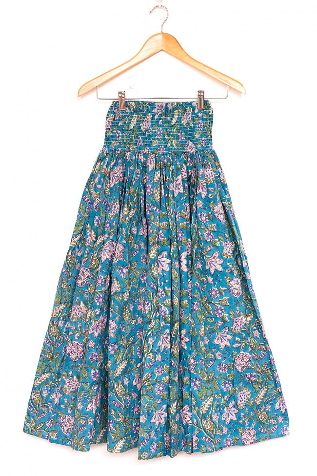 ボタニカル柄の木版染が美しい ボリュームギャザースカート 18 - 7：ブルーフラワー