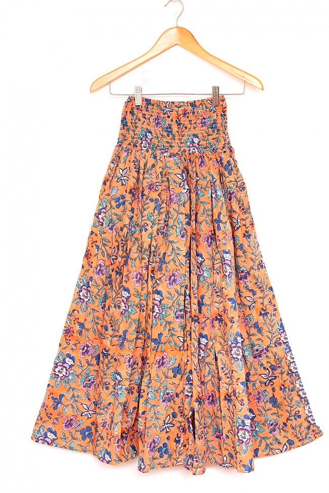 ボタニカル柄の木版染が美しい ボリュームギャザースカート 20 - 8：オレンジ