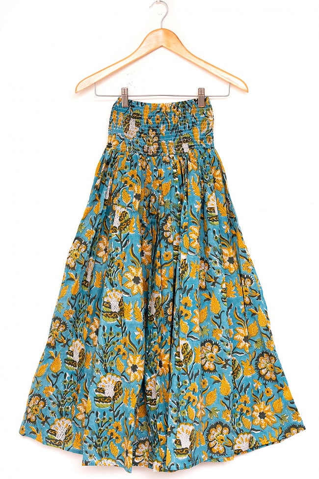 ボタニカル柄の木版染が美しい ボリュームギャザースカート 22 - 9：ブルー・イエロー