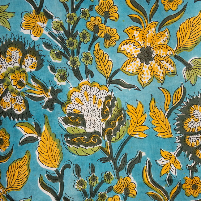 ボタニカル柄の木版染が美しい ボリュームギャザースカート 23 - 9：ブルー・イエロー