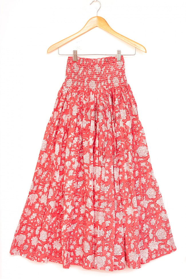 ボタニカル柄の木版染が美しい ボリュームギャザースカート 24 - 10：コーラル