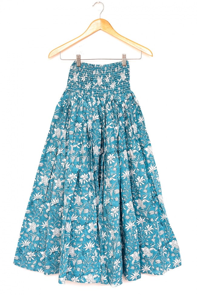 ボタニカル柄の木版染が美しい ボリュームギャザースカート 26 - 11：ブルー・ホワイト