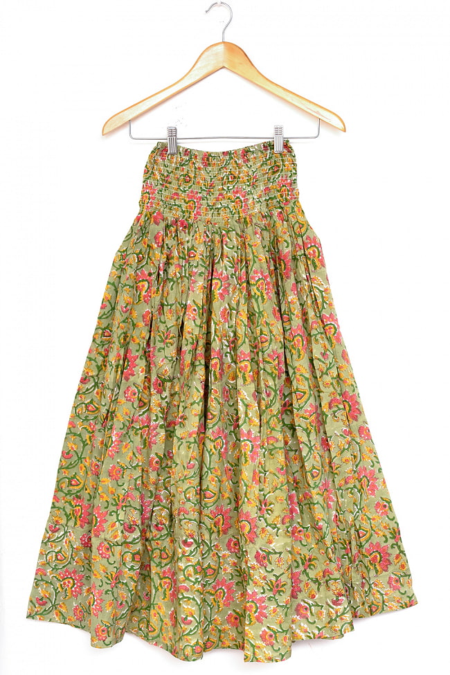 ボタニカル柄の木版染が美しい ボリュームギャザースカート 28 - 12：ピスタチオ