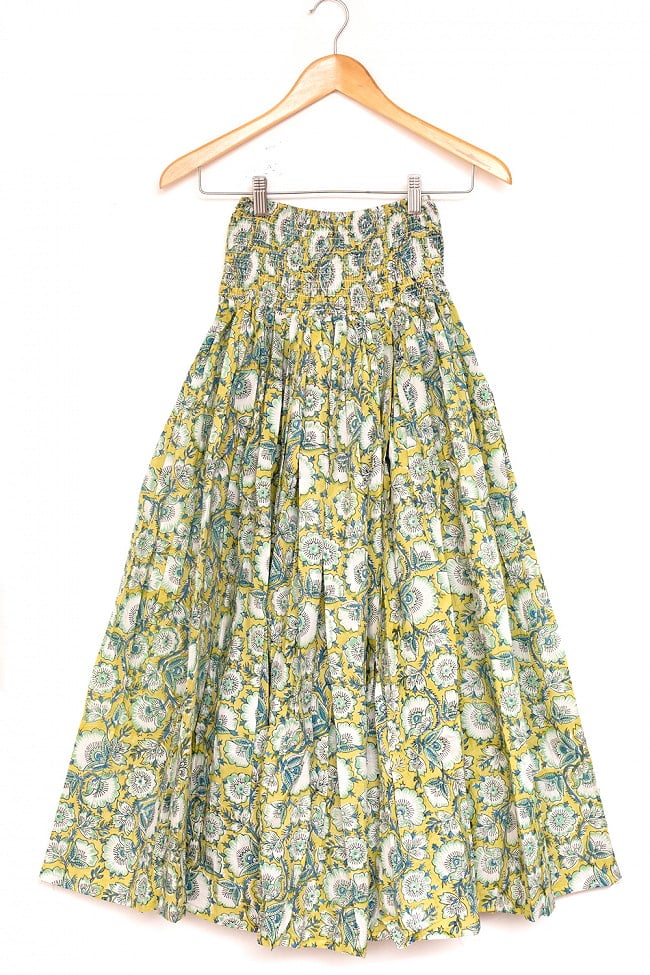 ボタニカル柄の木版染が美しい ボリュームギャザースカート 30 - 13：イエロー
