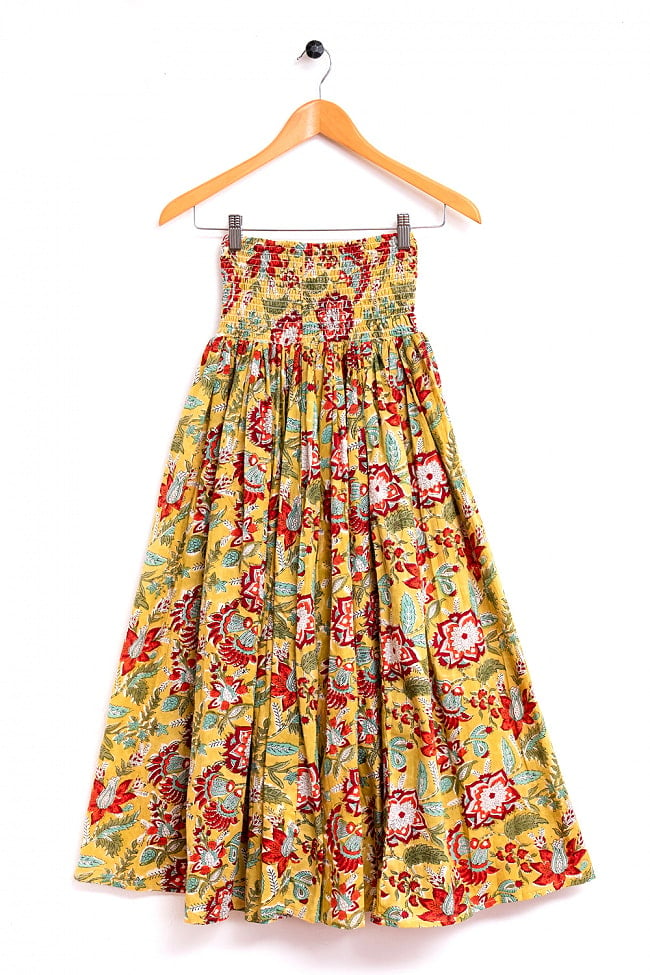 ボタニカル柄の木版染が美しい ボリュームギャザースカート 6 - 1：イエローレッド