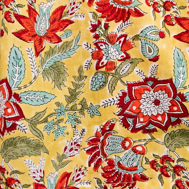 ボタニカル柄の木版染が美しい ボリュームギャザースカート 7 - 1：イエローレッド