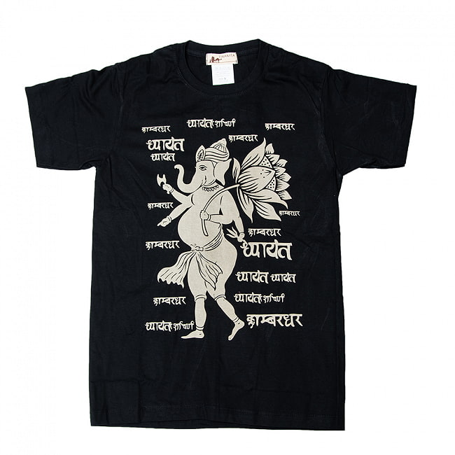 ガネーシャとロータスの写真1枚目です。タイ製の丈夫なTシャツですT-シャツ,インドの神様 T-シャツ,エスニック,ヒンドゥー,ガネーシャ T-シャツ,Tシャツ