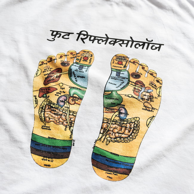 インドの足つぼTシャツ　足裏マッサージの反射区がTシャツになりました　フット・リフレクソロジー 8 - ホワイトのプリント部分の写真です