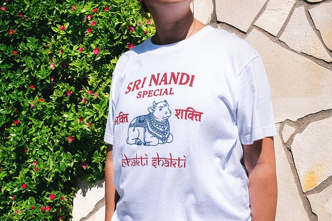 ナンディ 聖牛デザインTシャツ|南インドで親しまれている ナンディ石像モチーフ ヒンディー語 ナンディン 5.6oz生地 綿 コットン100% 12 - レトロな雰囲気がかわいいTシャツ