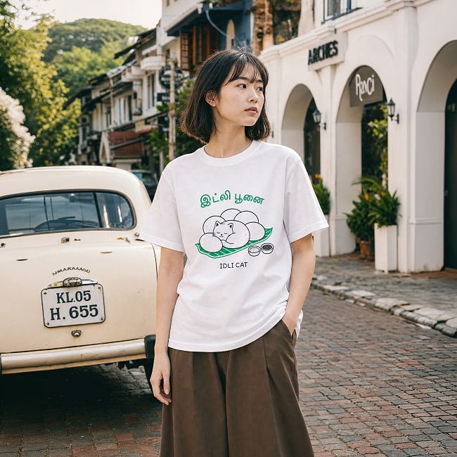 イドゥリ・プーナイ イドゥリ猫 半袖Tシャツ - ホワイト 5.6ozコットン　南インド料理と猫好きの方へ　タミル文字　バナナリーフ IDLI CAT 10 - インド好き、猫好きの方へおすすめです