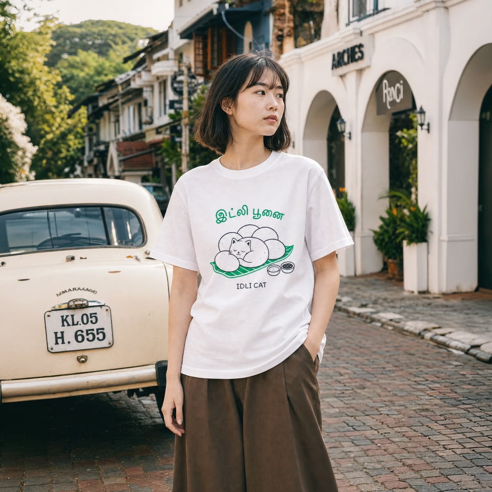 イドゥリ・プーナイ イドゥリ猫 半袖Tシャツ - ホワイト 5.6ozコットン　南インド料理と猫好きの方へ　タミル文字　バナナリーフ IDLI CAT10枚目の説明写真です